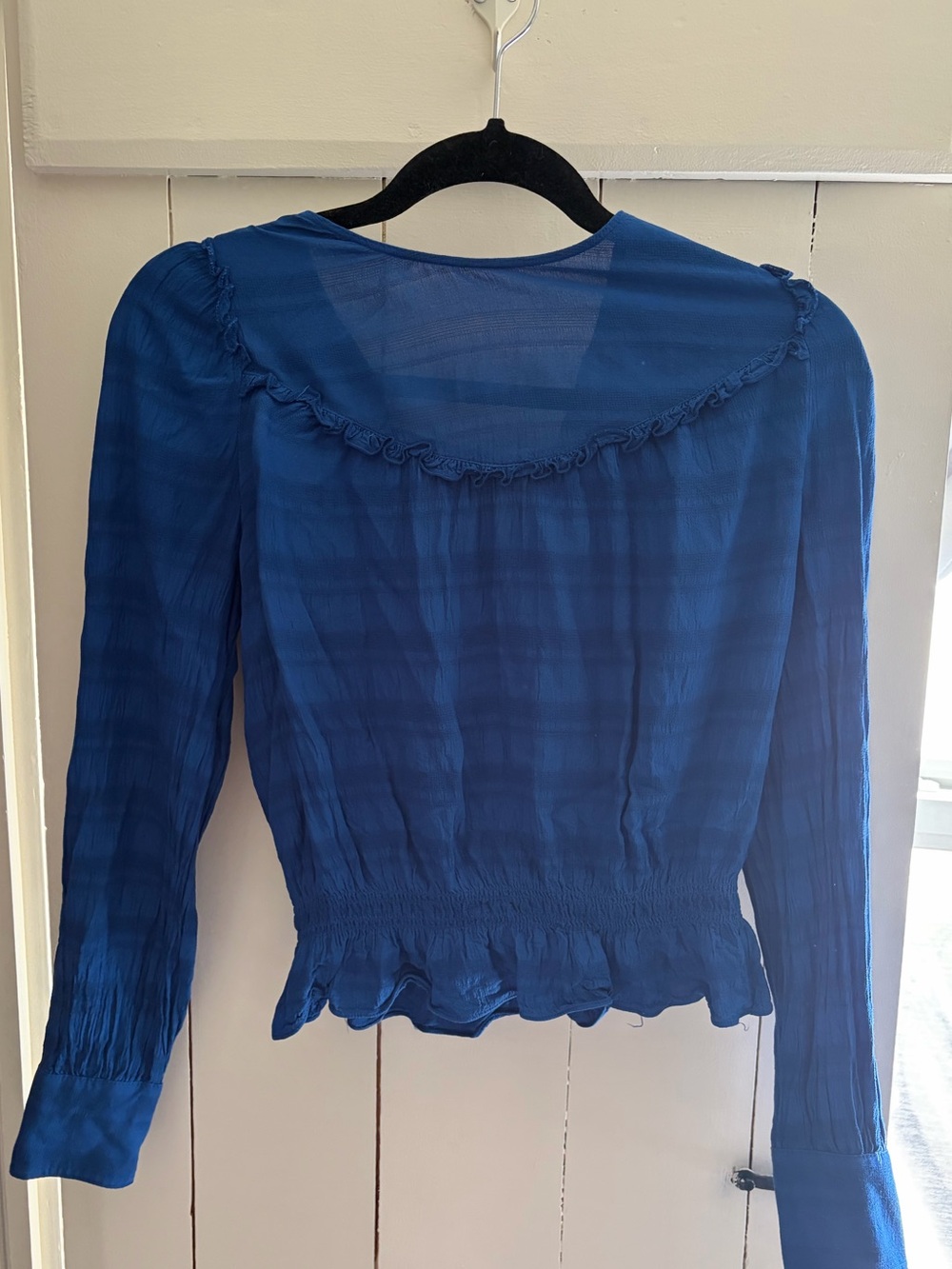 Women's Royal Blue Long-Sleeve Ruffle Hem Blouse